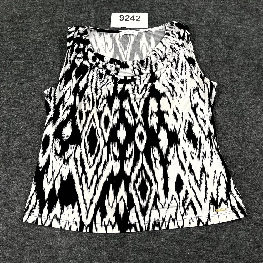 Calvin Klein Blouse Top Womens Medium Black White Abstract Cowl Neck Outdoor